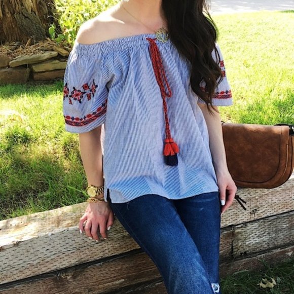 LOFT Playa Off Shoulder Embroidered Tassel Top M - Picture 3 of 8